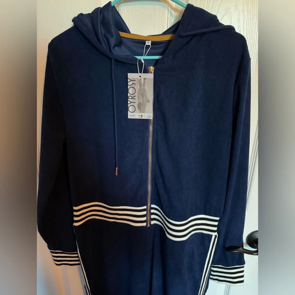 Oyrosy Revolve Retro Sports Hooded Zipper Dark Blue Knitted Jumpsuit NEW XL